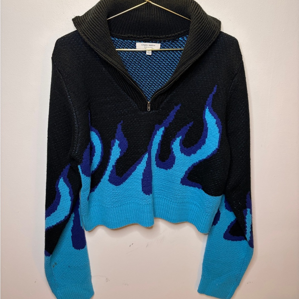 Black and Blue Flame Zip-Up Knit Sweater
